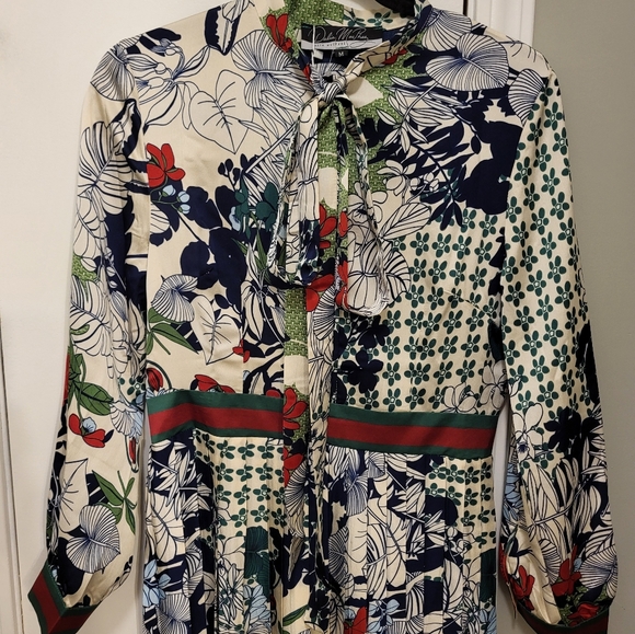 Dalia Macphee Tie Neck Printed Midi Dress Size Medium - Picture 7 of 16